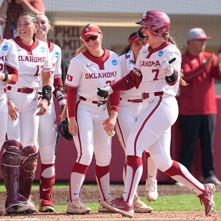 Oklahoma's Kasidi Pickering (7) celebrates a home run in the third inning during the NCAA Norman Super Regional between the University of Oklahoma Sooners and the Alabama Crimson Tide at Love's Field in Norman, Okla. Friday, May, 23, 2025.
