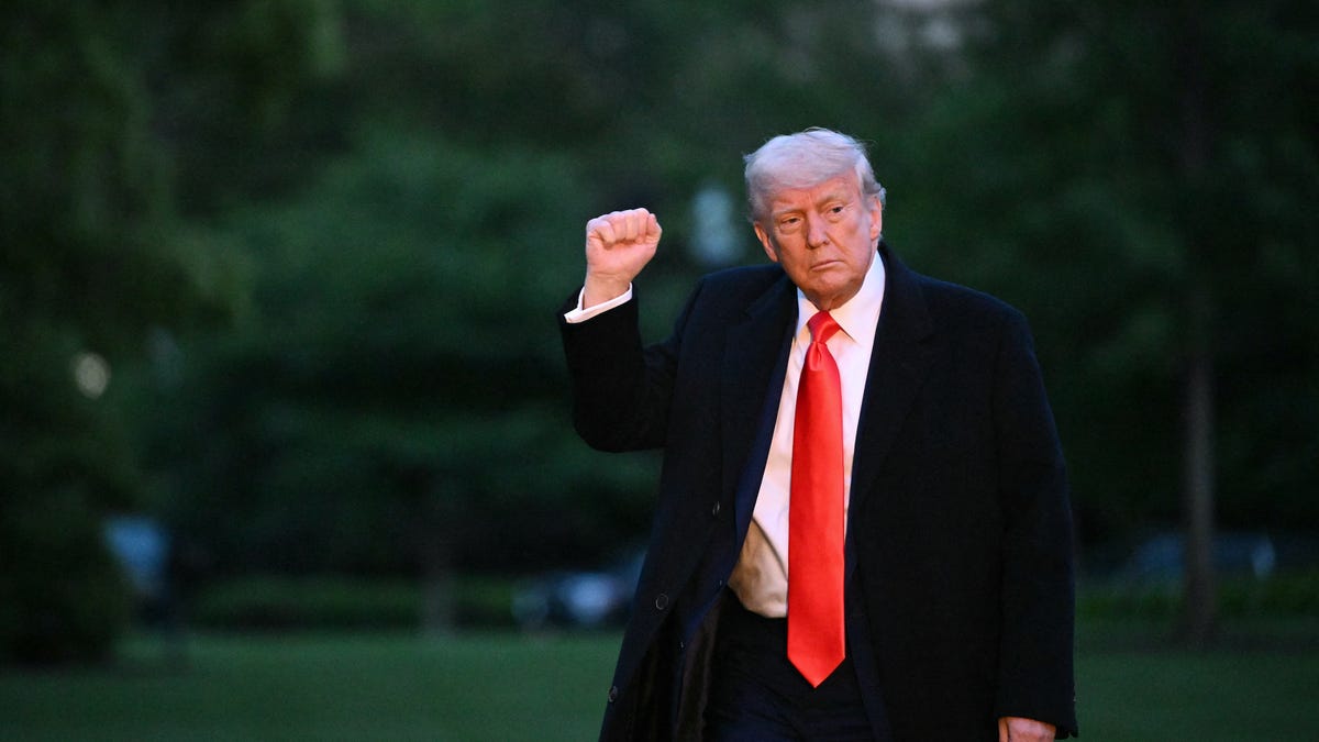US President Donald Trump pumps his fist upon arrival at the South Lawn of the White House in Washington, DC, on May 22, 2025. Trump attended a private dinner at Trump National Golf Club.
