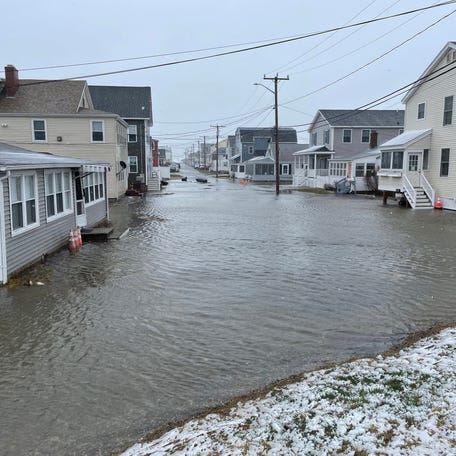 Several roads were closed at Hampton Beach, New Hampshire due to coastal flooding from high tide Thursday, April 4, 2024.