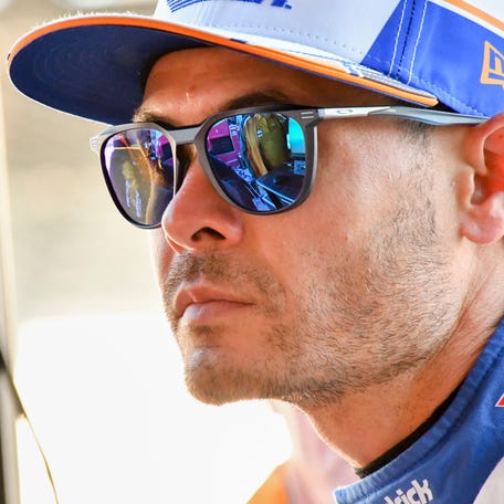Arrow McLaren driver Kyle Larson (17) sits in his pit box Saturday, May 17, 2025, during practice ahead of qualifying for the 109th running of the Indianapolis 500 at Indianapolis Motor Speedway.
