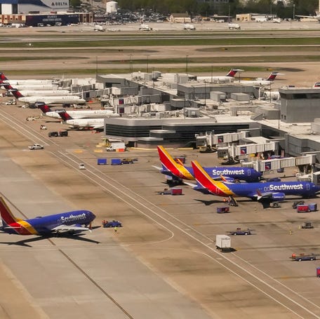 Delta and Southwest commercial airliners are seen at Hartsfield-Jackson Atlanta International Airport in Atlanta, Georgia, U.S., April 5, 2024. REUTERS/Elizabeth Frantz