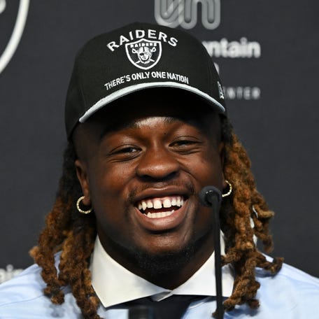 Las Vegas Raiders first-round pick Ashton Jeanty speaks to the media on April 25.