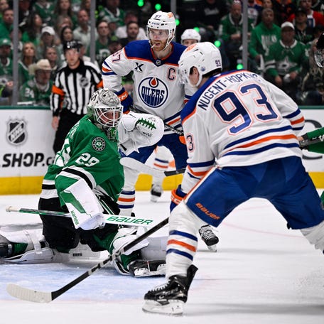 Edmonton Oilers center Ryan Nugent-Hopkins (93) scores a goal against the Dallas Stars.