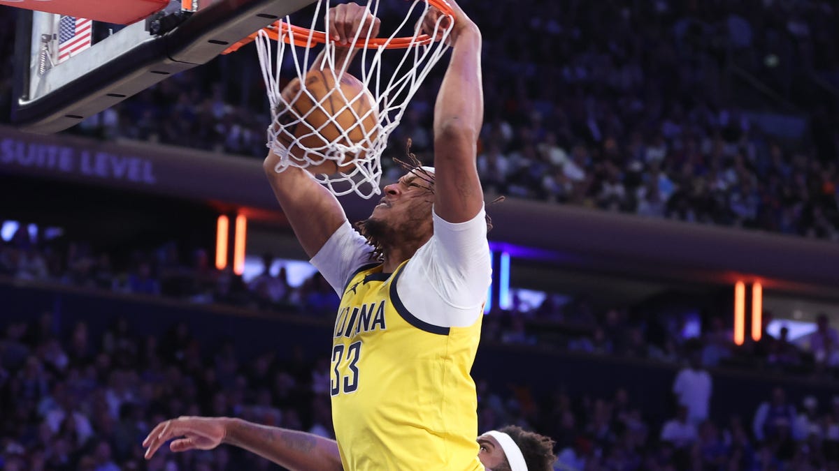 Game 2: Indiana Pacers center Myles Turner (33) dunks against the New York Knicks.