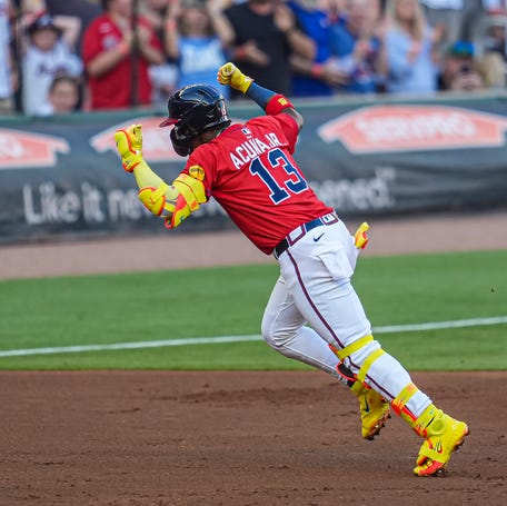 Atlanta Braves right fielder Ronald Acuna Jr (13) reacts after hitting a lead off home run against the San Diego Padres during the first inning at Truist Park on May 23, 2025 in Cumberland, Georgia.