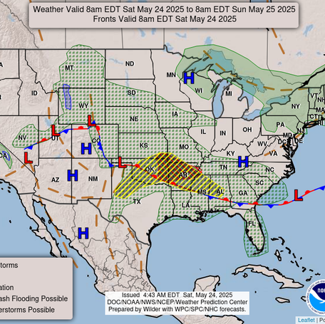 The national forecast map for Saturday, May 24, 2025, shows widespread rain with a chance for severe thunderstorms across states in the south-central United States.