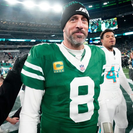 New York Jets quarterback Aaron Rodgers (8) is shown after he led Gang Green to a 32-20 victory against the Miami Dolphins, on Jan. 5, 2025, in East Rutherford, N.J.