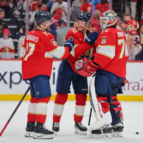 The Florida Panthers celebrate the win against the Carolina Hurricanes in Game 3 of the Eastern Conference finals.