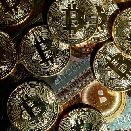 FILE PHOTO: Representations of cryptocurrency bitcoin are seen in this illustration picture created in Paris, France, March 9, 2024.