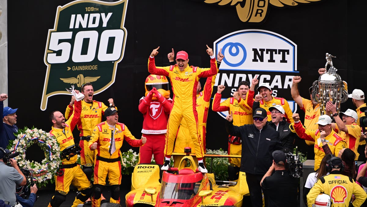 Chip Ganassi Racing driver Alex Palou of Spain celebrates in the winner's circle after winning the 109th Running of the Indianapolis 500 at Indianapolis Motor Speedway.