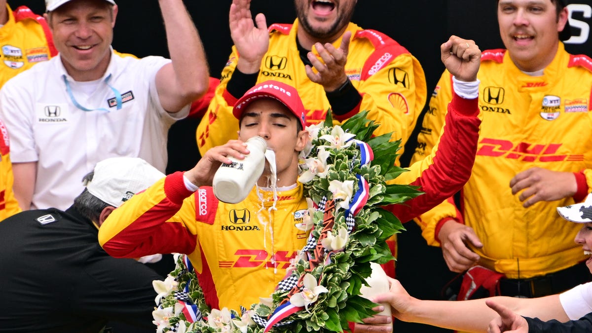 Chip Ganassi Racing driver Alex Palou of Spain celebrates in the winner's circle after winning the 109th Running of the Indianapolis 500 at Indianapolis Motor Speedway.