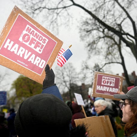 Pro-Harvard demonstrators rally in Cambridge, Massachusetts, on April 12, 2025.