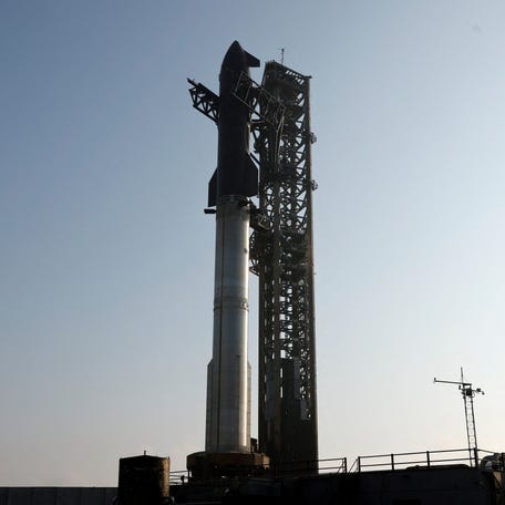 SpaceX's Super Heavy booster is seen TMonday, May 26 on the launch pad, with Starship atop as it is prepared for its ninth mission targeted for May 27 from the company's Starbase launchpad on an uncrewed test flight.