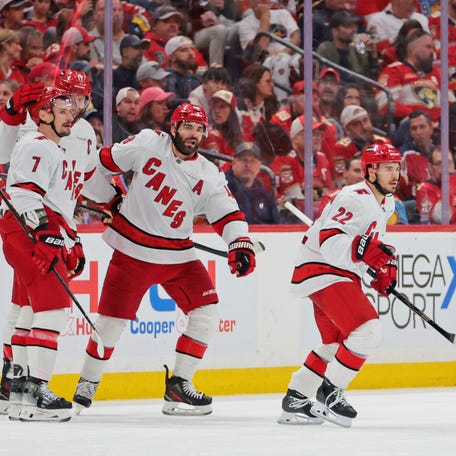 Carolina Hurricanes center Logan Stankoven (22) celebrates after scoring a goal during the second period against the Florida Panthers.