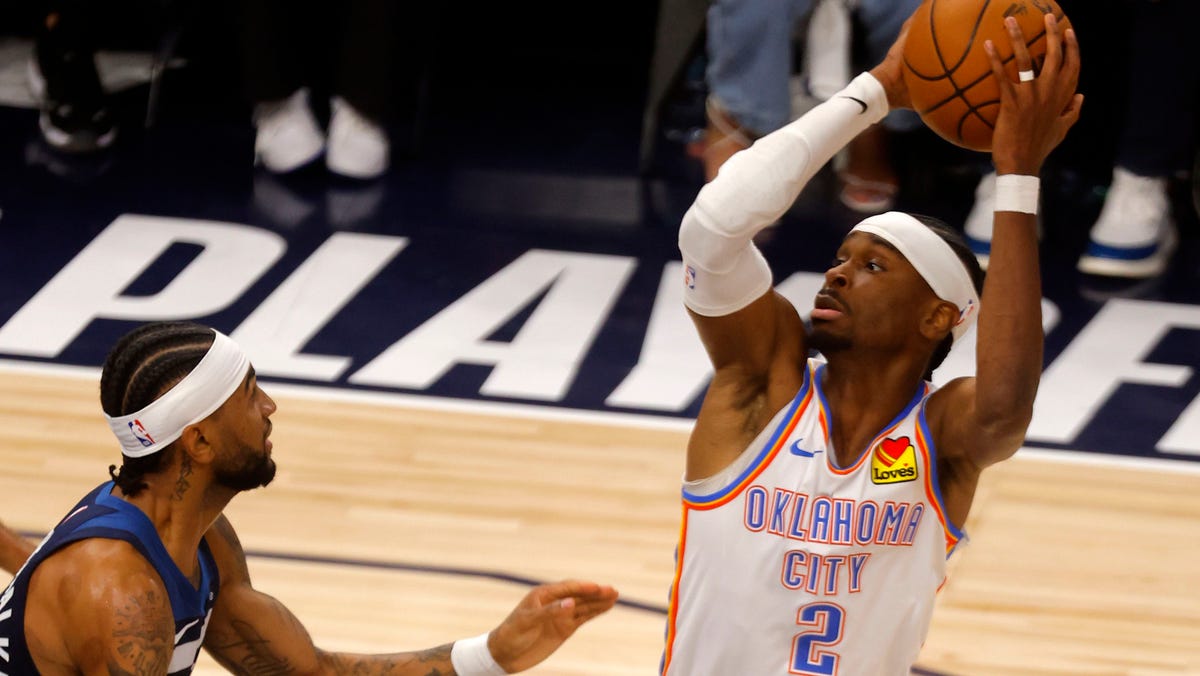 Oklahoma City Thunder guard Shai Gilgeous-Alexander shoots the ball against the Minnesota Timberwolves.