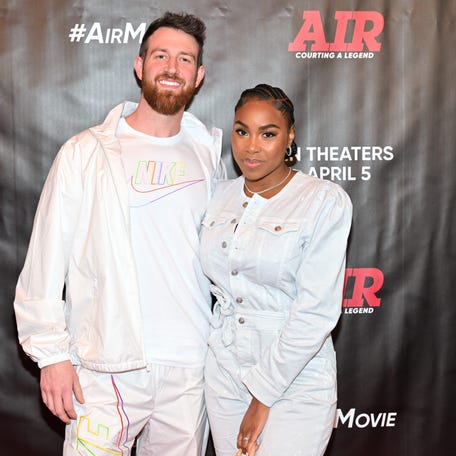 Cameron Hamilton, left, and Lauren Speed-Hamilton attend a screening of "Air" on March 20, 2023, in Atlanta.