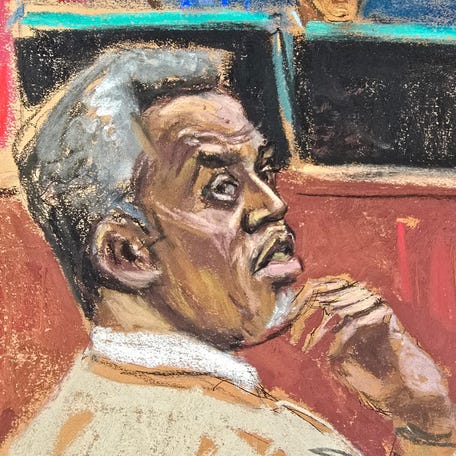 Sean "Diddy" Combs listens as prosecutor Emily Johnson questions rapper Kid Cudi as he testifies at Combs' sex trafficking trial in New York City on May 22, 2025, in this courtroom sketch.