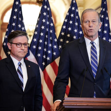 U.S. Senate Majority Leader John Thune (R-SD) (R) and Speaker of the House Mike Johnson (R-LA) hold a press conference on the Republican budget bill at the U.S. Capitol on April 10, 2025 in Washington, DC. The Republican leaders spoke on the reconciliation process and said they would find $1.5 trillion in cuts as the House prepares to vote on President Trump's budget outline for his tax and spending plan after Republican holdouts refused to vote without deeper cuts.