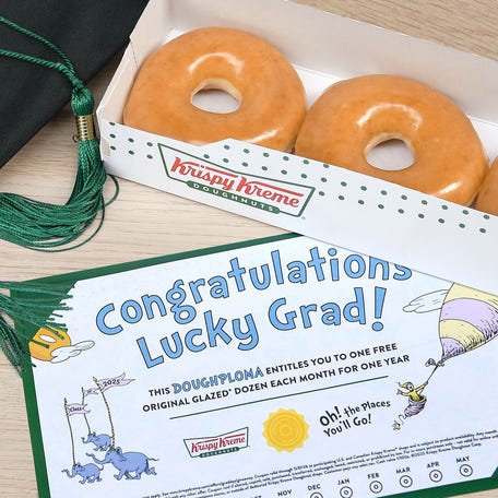 Krispy Kreme is offering three free original glazed donuts to 2025 graduates on May 28 as well as a congratulatory diploma that offers a free dozen glazed donuts every month for a year.