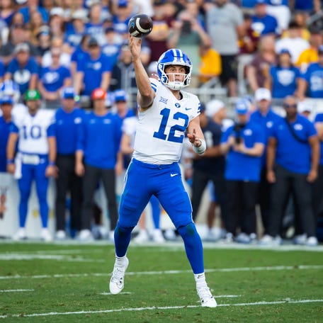 Nov 23, 2024; Tempe, Arizona, USA; Brigham Young Cougars quarterback Jake Retzlaff (12) against the Arizona State Sun Devils in the second half at Mountain America Stadium. Mandatory Credit: Mark J. Rebilas-Imagn Images