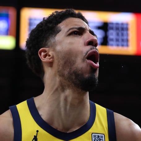 Pacers guard Tyrese Haliburtonreacts after a turnover during the third quarter against the New York Knicks in Game 4 of the Eastern Conference finals.