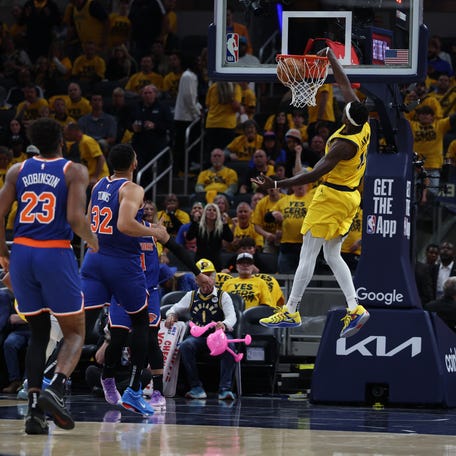Pacers forward Pascal Siakam dunks during the third quarter of Game 4.