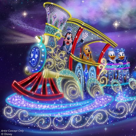 Goofy, Pluto, Donald Duck, and Daisy Duck will lead a procession of Disney moments in Disney Starlight: Dream the Night Away, the new nighttime parade coming to Walt Disney World.