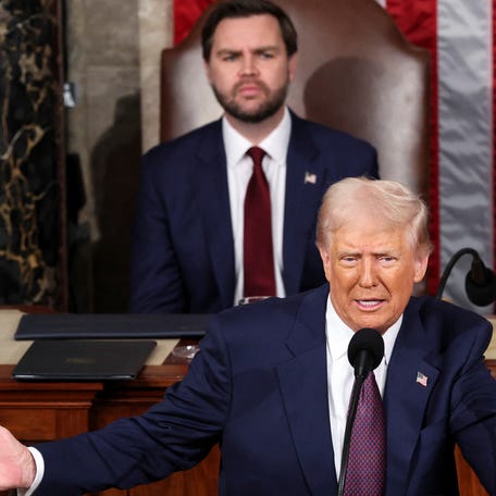 U.S. President Donald Trump delivers a speech to a joint session of Congress, as Vice President JD Vance listens in the House Chamber of the U.S. Capitol in Washington, D.C., U.S., March 4, 2025. REUTERS/Kevin Lamarque