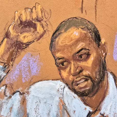 Celebrity stylist Deonte Nash is questioned by prosecutor Maurene Comey at Sean "Diddy" Combs' sex trafficking trial in New York City, New York, U.S., May 28, 2025 in this courtroom sketch. REUTERS/Jane Rosenberg