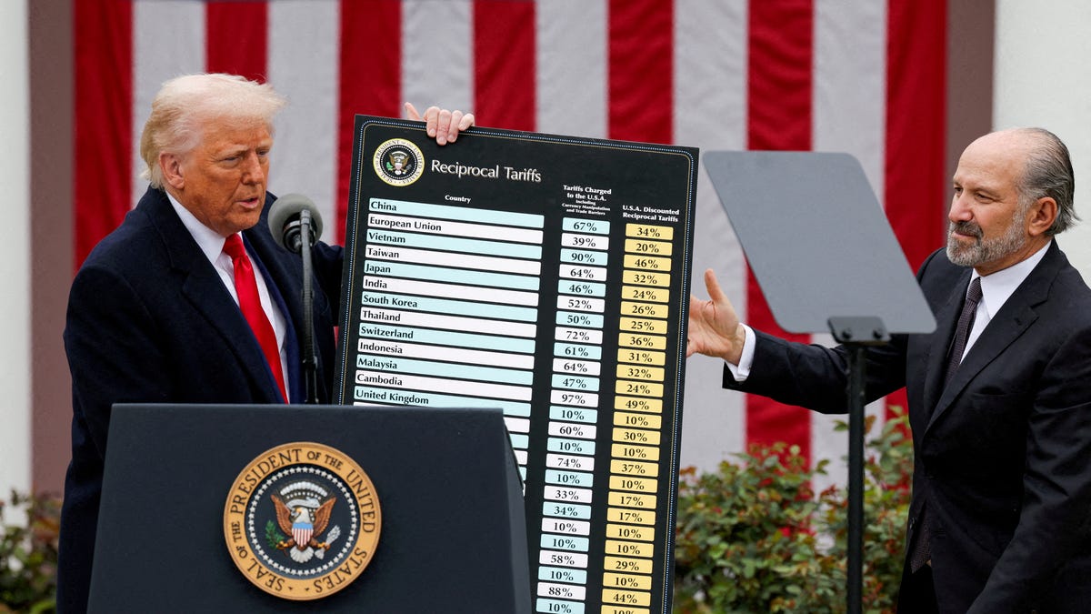 President Donald Trump holds a chart next to U.S. Secretary of Commerce Howard Lutnick as Trump delivers remarks on tariffs in the Rose Garden at the White House in Washington, D.C., U.S., April 2, 2025.
