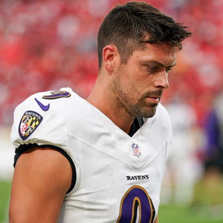 Baltimore Ravens kicker Justin Tucker (9) warms up against the Kansas City Chiefs prior to a game at GEHA Field at Arrowhead Stadium in Kansas City on Sept. 5, 2024.