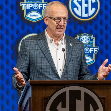 SEC commissioner Greg Sankey talks with the media during SEC Media Days at Grand Bohemian Hotel on Oct. 16, 2024.