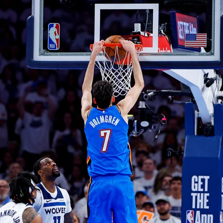 Oklahoma City Thunder forward Chet Holmgren (7) dunks the ball during the second quarter of Game 5.