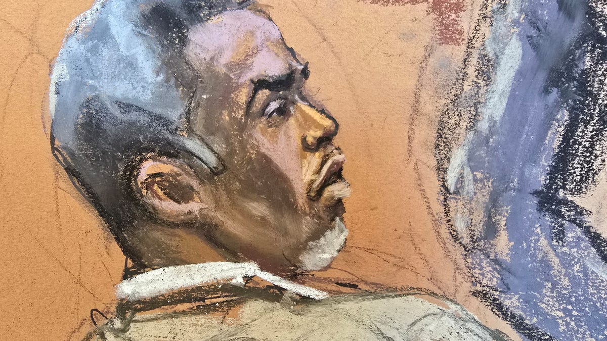 In a courtroom sketch, Sean "Diddy" Combs listens as lawyer Xavier Donaldson cross examines Deonte Nash as he testifies in Combs' sex trafficking trial in New York City on May 29, 2025.