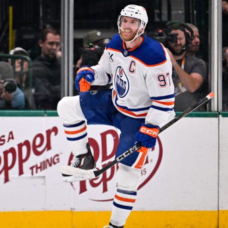 Game 5: Edmonton Oilers center Connor McDavid (97) reacts after scoring a goal against the Dallas Stars during the second period.
