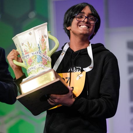 Faizan Zaki celebrates after winning the Scripps National Spelling Bee championship.