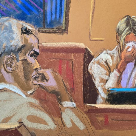 Sean "Diddy" Combs watches as witness "Mia" testifies in Combs' sex trafficking trial in New York City, May 29, 2025, in this courtroom sketch.
