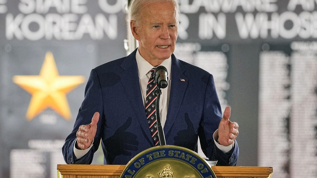 Former U.S. President Joe Biden speaks during a ceremony, at Veterans Memorial Park in New Castle, Delaware, U.S. May 30, 2025.