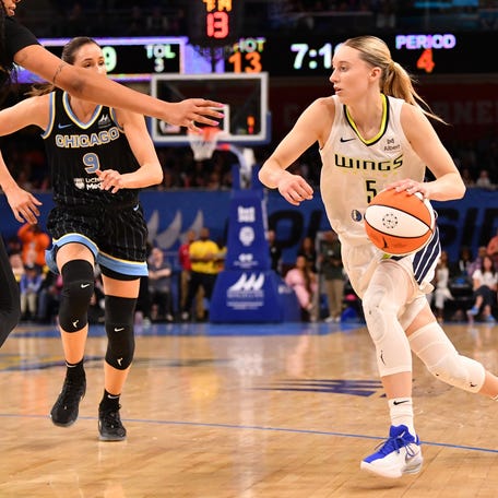 Dallas Wings guard Paige Bueckers (5) controls the ball during the second half against the Chicago Sky at the Wintrust Arena in Chicago, Illinois on May 29, 2025.