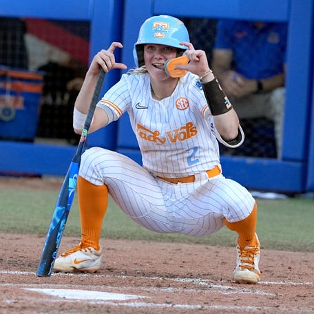 Tennessee's Laura Mealer celebrates the home run by Lady Vols teammate McKenna Gibson (not pictured) in the second inning of the Women's College World Series game against the Florida Gators on May, 30, 2025.