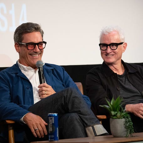 "Mad Men" stars Jon Hamm, left, and John Slattery reunite 10 years after the finale of the AMC series, as part of the ATX TV Festival on May 31, 2025.