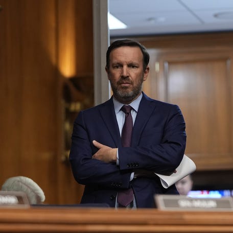 May 14, 2025; Washington, DC, USA; Sen. Chris Murphy, D-CT, listens as Robert F. Kennedy, Jr., Secretary of the Department of Health and Human Services, testifies in front of the Senate Health, Education, Labor, and Pensions Committee in Washington, D.C., on May 15, 2025.. Mandatory Credit: Jack Gruber-USA TODAY via Imagn Images
