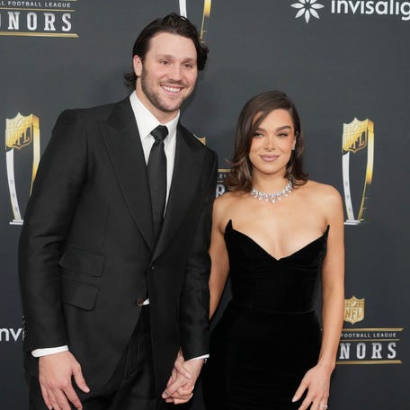 Josh Allen and Hailee Steinfeld on the red carpet before Super Bowl LIX NFL Honors at Saenger Theatre in New Orleans on Feb. 6, 2025.