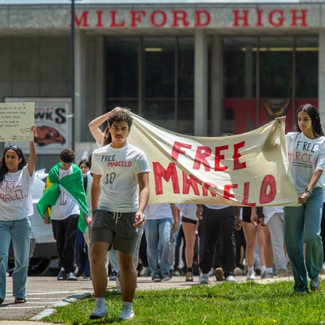 Milford High School students walk out of school in support of Marcelo Gomes, June 2, 2025.