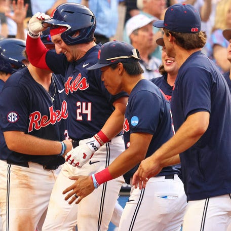Jun 1, 2025; Oxford, MS, USA; Mississippi Rebels catcher Austin Fawley (24) reacts after a home run during the second inning against the Murray State Racers. Mandatory Credit: Petre Thomas-Imagn Images