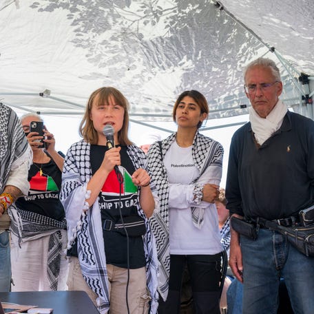 Greta Thunberg with part of the crew of the ship Madleen, shortly before departure for Gaza, during the press conference in San Giovanni Li Cuti on June 01, 2025 in Catania, Italy. Swedish activist Greta Thunberg is among those who will attempt to sail to Gaza on a boat organized by the Freedom Flotilla Coalition (FFC), in a bid to break Israel's blockade of the Palestinian territory. Freedom Flotilla had to abort a previous journey in early May after it said its boat came under attack by drones   in international waters near Malta.