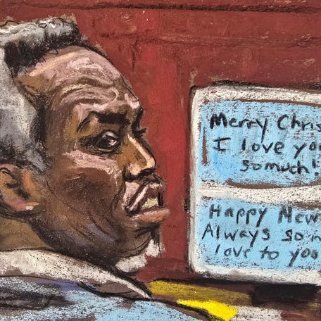 Sean "Diddy" Combs listens as his defense lawyer Brian Steel questions witness "Mia" as she testifies in Combs' sex trafficking trial in New York City, June 2, 2025 in this courtroom sketch.
