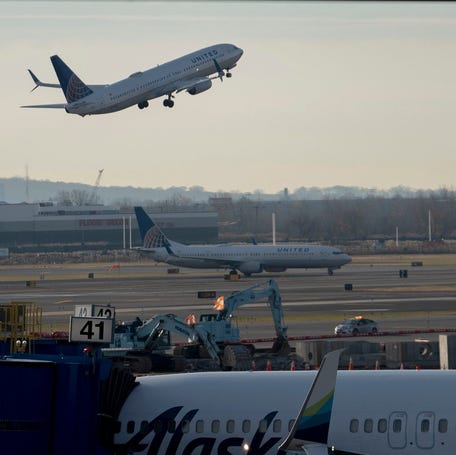 A United Airlines flight is seen taking off the day before Thanksgiving at Newark International Airport on Wednesday, Nov. 27, 2024.
