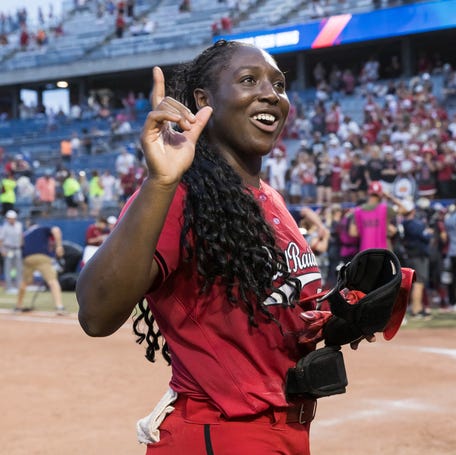 Texas Tech Red Raiders pitcher NiJaree Canady (24) acknowledges the fans after her team defeated the Oklahoma Sooners 3-2 and advance to play Texas in the finals.