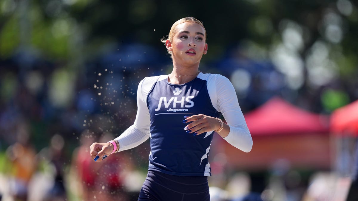 AB Hernandez of Jurupa Valley competes in the girls long jump during the CIF State Track and Field Championships at Veterans Memorial Stadium on May 30, 2025 in Clovis, California.